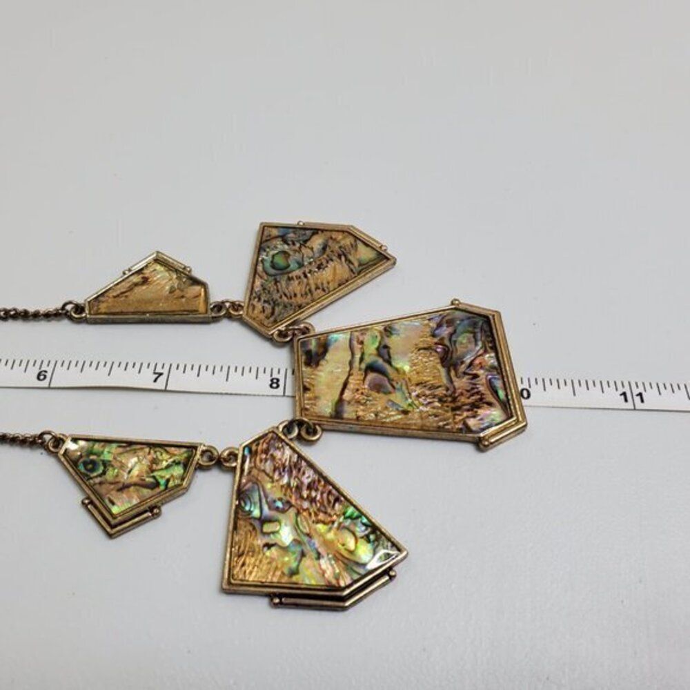 Abalone Necklace Statement Oil Spill Gold Tone Geometric Chain Big Green - Picture 7 of 7